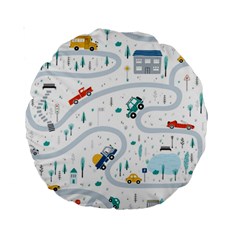 Cute-children-s-seamless-pattern-with-cars-road-park-houses-white-background-illustration-town Standard 15  Premium Round Cushions by uniart180623