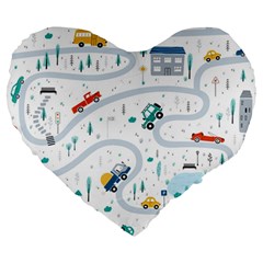 Cute-children-s-seamless-pattern-with-cars-road-park-houses-white-background-illustration-town Large 19  Premium Heart Shape Cushions by uniart180623