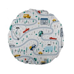 Cute-children-s-seamless-pattern-with-cars-road-park-houses-white-background-illustration-town Standard 15  Premium Flano Round Cushions by uniart180623