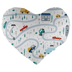 Cute-children-s-seamless-pattern-with-cars-road-park-houses-white-background-illustration-town Large 19  Premium Flano Heart Shape Cushions by uniart180623