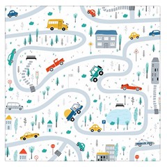 Cute-children-s-seamless-pattern-with-cars-road-park-houses-white-background-illustration-town Square Satin Scarf (36  X 36 ) by uniart180623