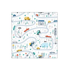 Cute-children-s-seamless-pattern-with-cars-road-park-houses-white-background-illustration-town Satin Bandana Scarf 22  X 22  by uniart180623