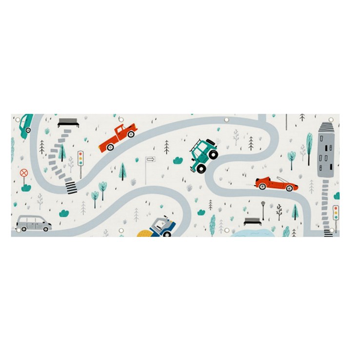 Cute-children-s-seamless-pattern-with-cars-road-park-houses-white-background-illustration-town Banner and Sign 8  x 3 