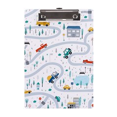 Cute-children-s-seamless-pattern-with-cars-road-park-houses-white-background-illustration-town A5 Acrylic Clipboard by uniart180623