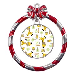 Vector-pattern-with-cute-giraffe-cartoon Metal Red Ribbon Round Ornament by uniart180623