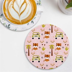 Cute-tiger-car-safari-seamless-pattern Uv Print Round Tile Coaster by uniart180623