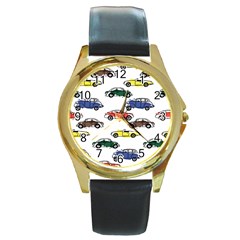 Cars-pattern Round Gold Metal Watch