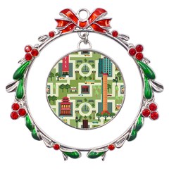 City-seamless-pattern Metal X mas Wreath Ribbon Ornament by uniart180623