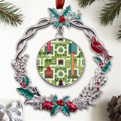 City-seamless-pattern Metal X mas Wreath Holly Leaf Ornament