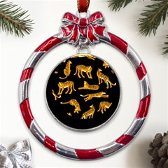 Seamless-exotic-pattern-with-tigers Metal Red Ribbon Round Ornament by uniart180623