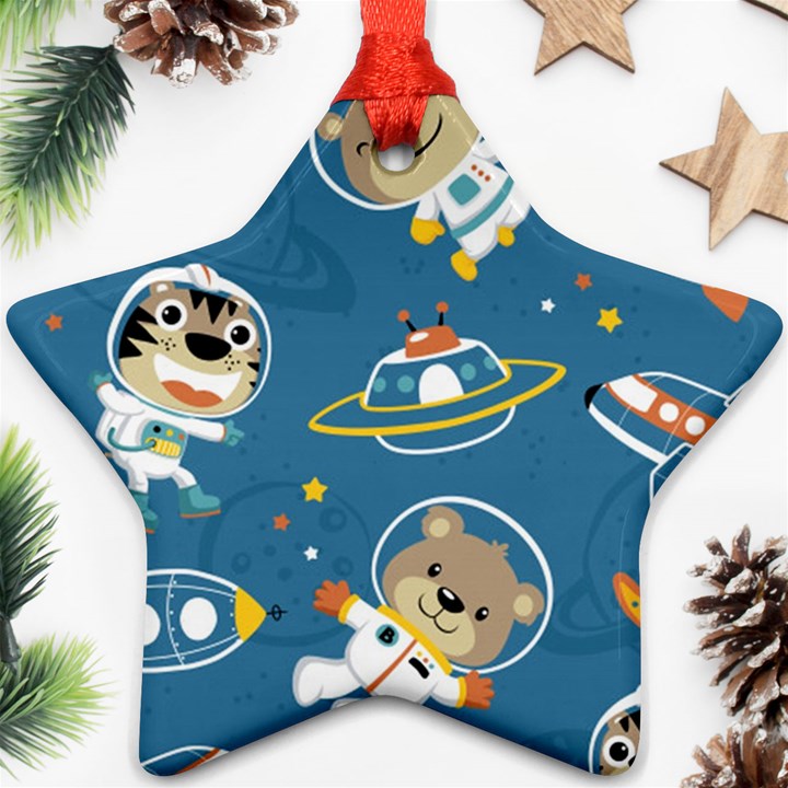 Seamless-pattern-funny-astronaut-outer-space-transportation Ornament (Star)