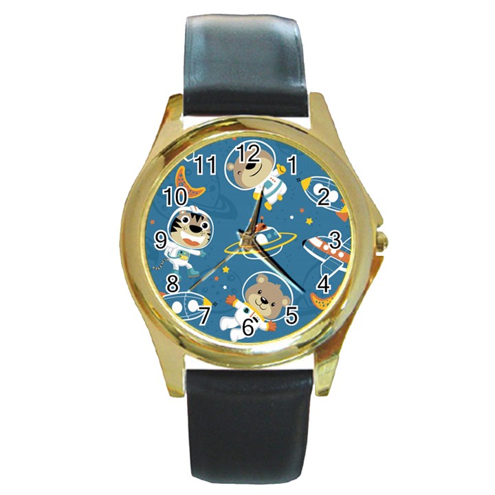 Seamless-pattern-funny-astronaut-outer-space-transportation Round Gold Metal Watch