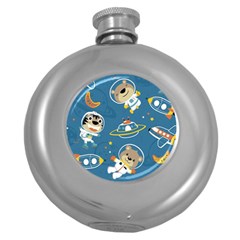 Seamless-pattern-funny-astronaut-outer-space-transportation Round Hip Flask (5 Oz) by uniart180623