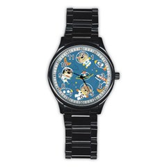 Seamless-pattern-funny-astronaut-outer-space-transportation Stainless Steel Round Watch by uniart180623