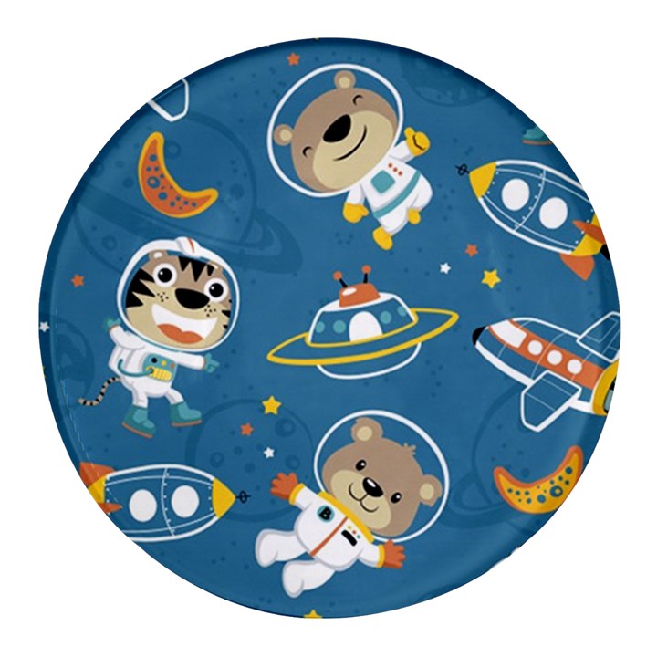 Seamless-pattern-funny-astronaut-outer-space-transportation Round Glass Fridge Magnet (4 pack)