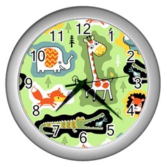 Seamless-pattern-with-wildlife-animals-cartoon Wall Clock (silver) by uniart180623