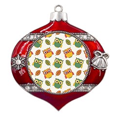 Background-with-owls-leaves-pattern Metal Snowflake And Bell Red Ornament by uniart180623