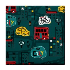 Seamless-pattern-hand-drawn-with-vehicles-buildings-road Tile Coaster by uniart180623