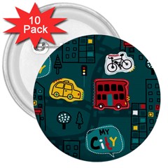 Seamless-pattern-hand-drawn-with-vehicles-buildings-road 3  Buttons (10 Pack)  by uniart180623