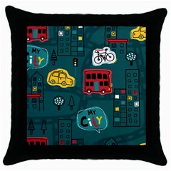 Seamless-pattern-hand-drawn-with-vehicles-buildings-road Throw Pillow Case (black) by uniart180623