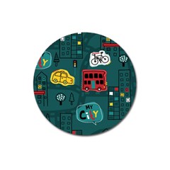 Seamless-pattern-hand-drawn-with-vehicles-buildings-road Magnet 3  (round) by uniart180623