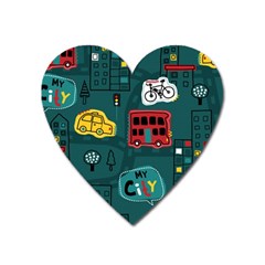 Seamless-pattern-hand-drawn-with-vehicles-buildings-road Heart Magnet by uniart180623