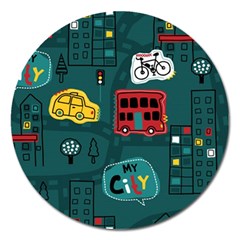 Seamless-pattern-hand-drawn-with-vehicles-buildings-road Magnet 5  (round) by uniart180623