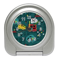 Seamless-pattern-hand-drawn-with-vehicles-buildings-road Travel Alarm Clock by uniart180623