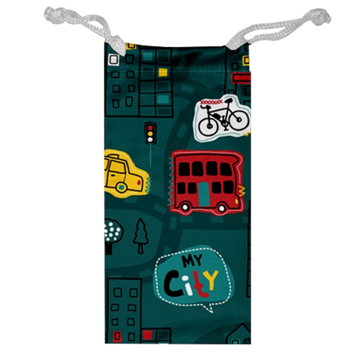 Seamless-pattern-hand-drawn-with-vehicles-buildings-road Jewelry Bag