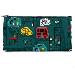 Seamless-pattern-hand-drawn-with-vehicles-buildings-road Pencil Case by uniart180623