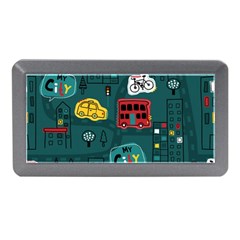 Seamless-pattern-hand-drawn-with-vehicles-buildings-road Memory Card Reader (mini) by uniart180623