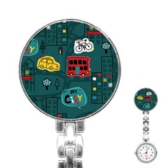 Seamless-pattern-hand-drawn-with-vehicles-buildings-road Stainless Steel Nurses Watch by uniart180623