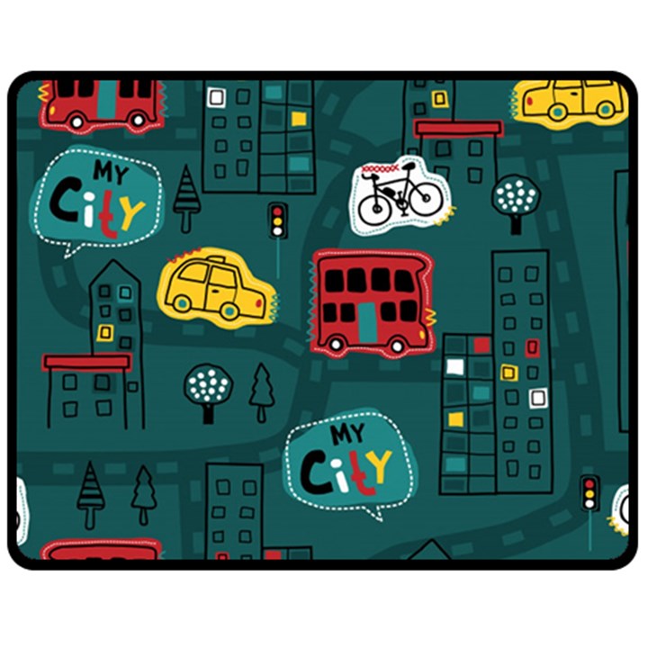 Seamless-pattern-hand-drawn-with-vehicles-buildings-road Two Sides Fleece Blanket (Medium)