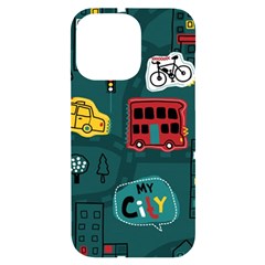 Seamless-pattern-hand-drawn-with-vehicles-buildings-road Iphone 14 Pro Max Black Uv Print Case by uniart180623