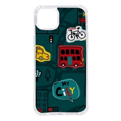 Seamless-pattern-hand-drawn-with-vehicles-buildings-road Iphone 14 Plus Tpu Uv Print Case by uniart180623