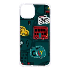 Seamless-pattern-hand-drawn-with-vehicles-buildings-road Iphone 13 Tpu Uv Print Case by uniart180623