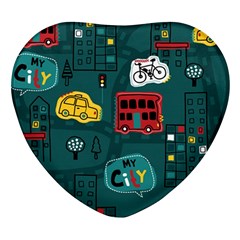 Seamless-pattern-hand-drawn-with-vehicles-buildings-road Heart Glass Fridge Magnet (4 Pack)