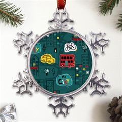 Seamless-pattern-hand-drawn-with-vehicles-buildings-road Metal Large Snowflake Ornament