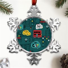 Seamless-pattern-hand-drawn-with-vehicles-buildings-road Metal Small Snowflake Ornament by uniart180623