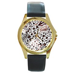 Mix-animal-skin-prints-seamless-pattern-vector Round Gold Metal Watch by uniart180623