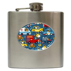 Seamless-pattern-vehicles-cartoon-with-funny-drivers Hip Flask (6 Oz) by uniart180623