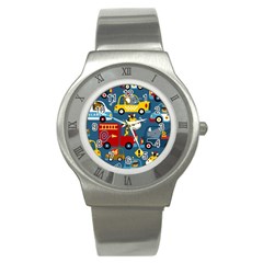 Seamless-pattern-vehicles-cartoon-with-funny-drivers Stainless Steel Watch by uniart180623