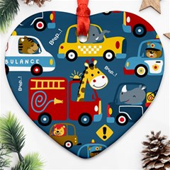 Seamless-pattern-vehicles-cartoon-with-funny-drivers Heart Ornament (two Sides) by uniart180623