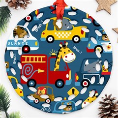 Seamless-pattern-vehicles-cartoon-with-funny-drivers Ornament (round Filigree) by uniart180623