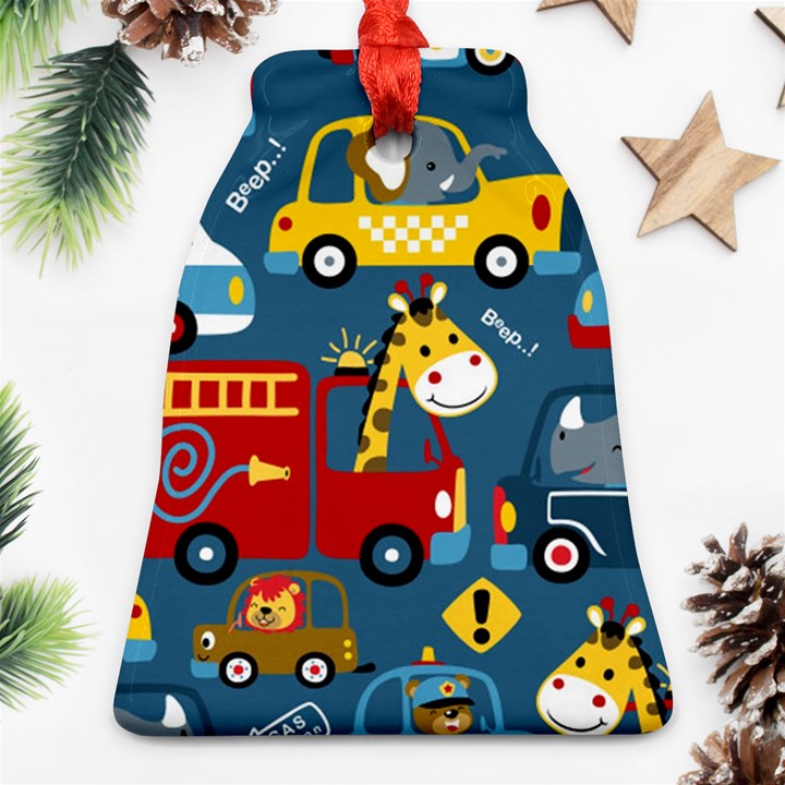 Seamless-pattern-vehicles-cartoon-with-funny-drivers Bell Ornament (Two Sides)