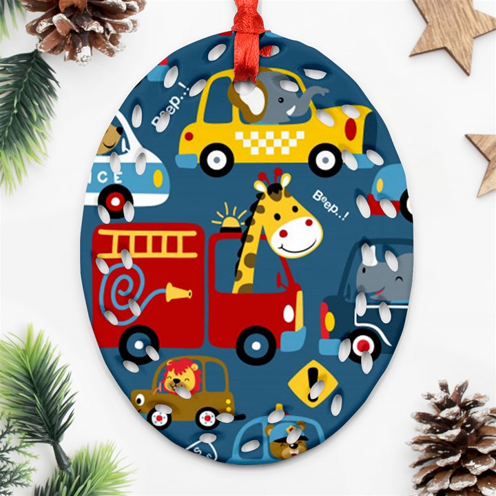 Seamless-pattern-vehicles-cartoon-with-funny-drivers Oval Filigree Ornament (Two Sides)