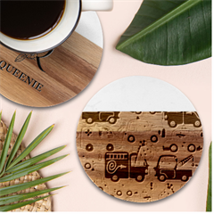 Seamless-pattern-vehicles-cartoon-with-funny-drivers Marble Wood Coaster (round) by uniart180623