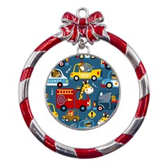 Seamless-pattern-vehicles-cartoon-with-funny-drivers Metal Red Ribbon Round Ornament by uniart180623