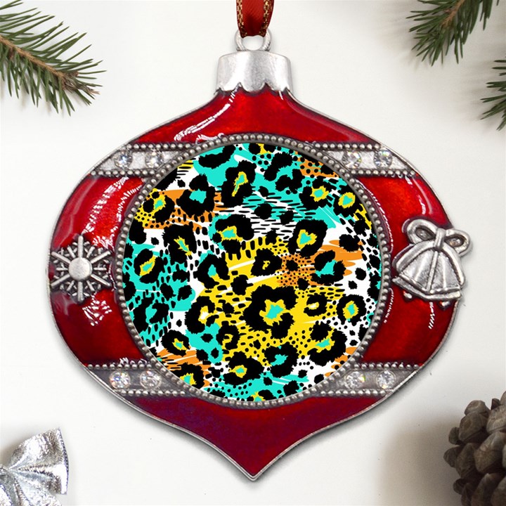 Seamless-leopard-wild-pattern-animal-print Metal Snowflake And Bell Red Ornament