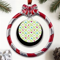 Birds-pattern-background Metal Red Ribbon Round Ornament by uniart180623